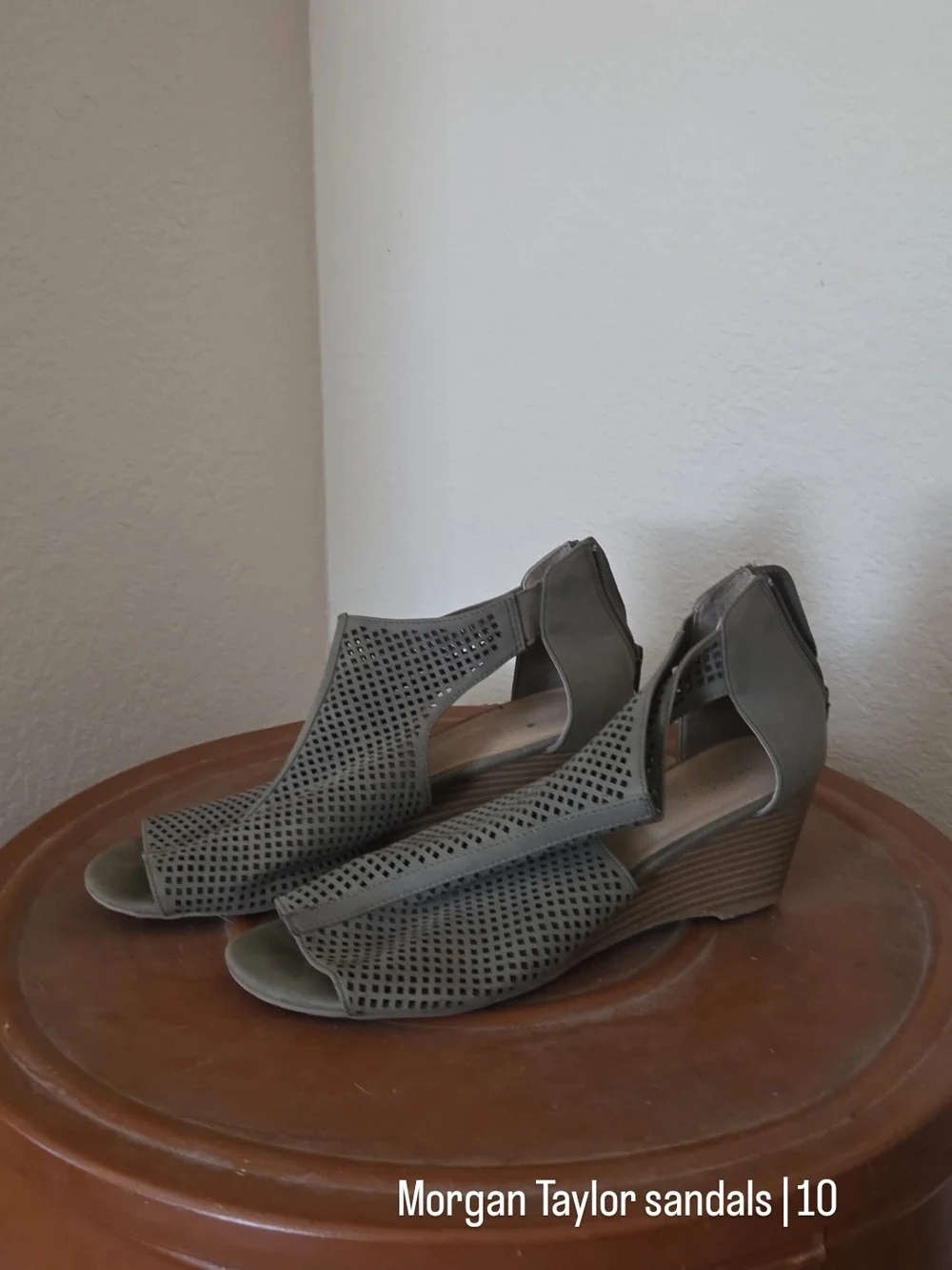 Morgan Taylor Olive Perforated Wedge Sandals
